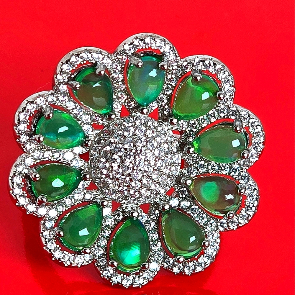 Natural Clarity Enhanced Green Fire Opal 6x4mm 925 Sterling Silver Ring Sz 7.75 - Picture 1 of 10